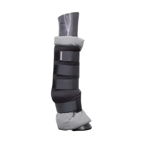 Black horse leg stable protection boot with gray fleece lining and adjustable straps for wick moisture control