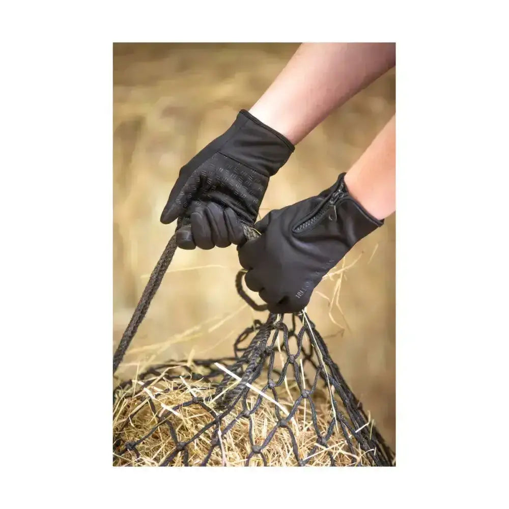 Black hy equestrian stalactite zip riding gloves with textured grip fingers and wrist zipper softshell gloves
