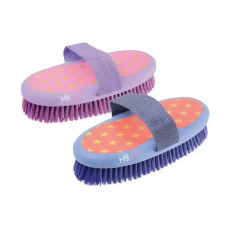 Two colorful hy equestrian star easy grip body brushes with soft bristles and patterned handles in pink and blue