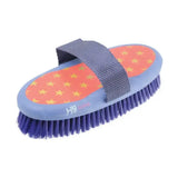 Hy equestrian star easy grip body brush with blue brush, purple bristles, coral star handle, and gray strap for easy grip