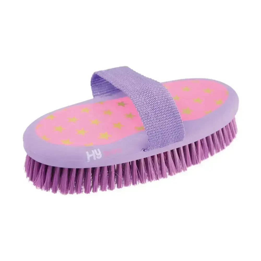Purple horse brush with pink star handle and adjustable strap from hy equestrian star easy grip body brush line