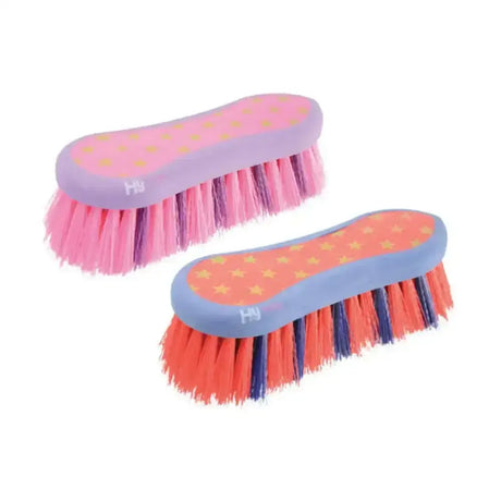 Pink and orange hy equestrian star easy grip dandy brush with star-patterned handle and stiff pp bristles