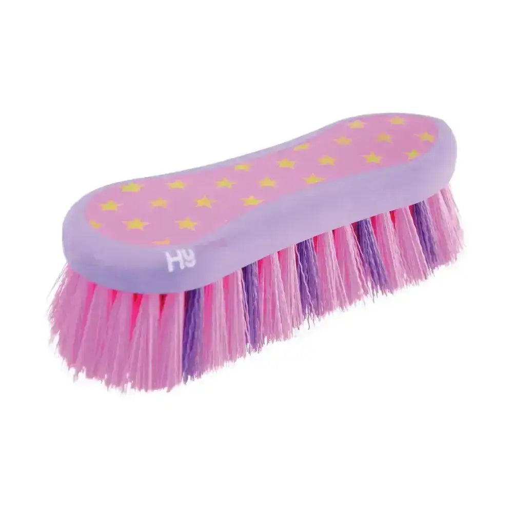 Pink and purple hy equestrian star easy grip dandy brush with stiff pp bristles and yellow star handle patterns