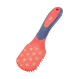 Red and blue hy equestrian star easy grip mane and tail brush with yellow star pattern on the head
