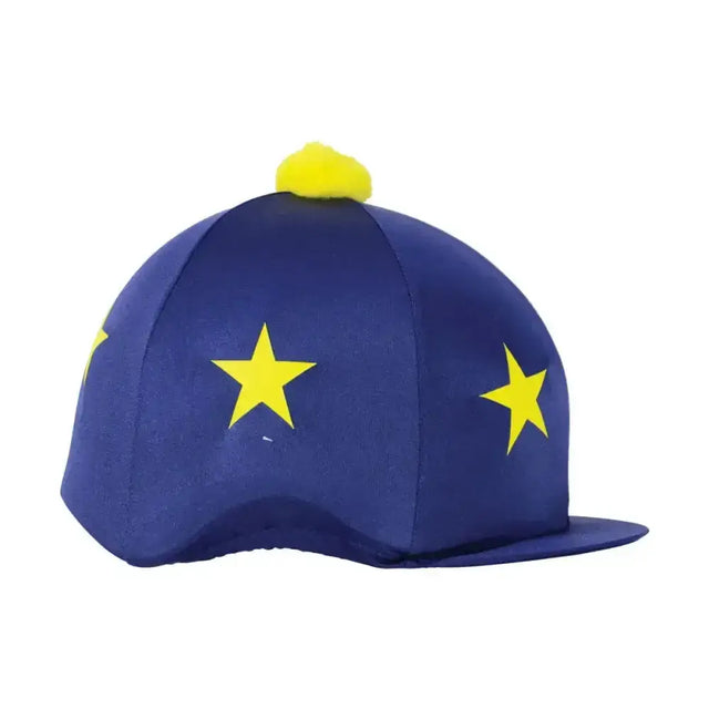 Blue horse riding helmet cover with yellow equestrian star print and matching pom pom in colourful star print bobble hat style