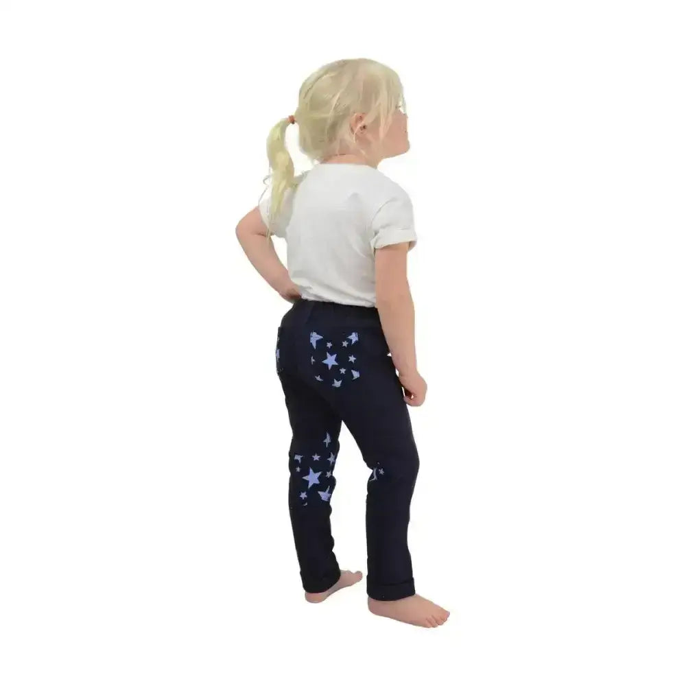 Navy blue hy equestrian star tots jodhpurs with light blue star pattern hard wearing jodhpur leggings for riders