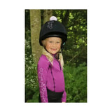 Black equestrian stella helmet with white star embroidery and fluffy pom-pom perfect funky base layer hat cover