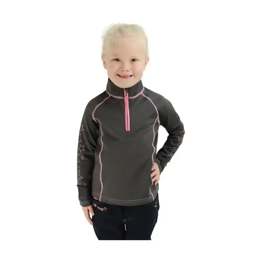 Dark gray hy equestrian stella funky base layer with pink zipper and star embroidery on sleeves for kids