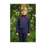 Navy blue equestrian stella children’s base layer with red zipper accents and subtle funky base layer patterning