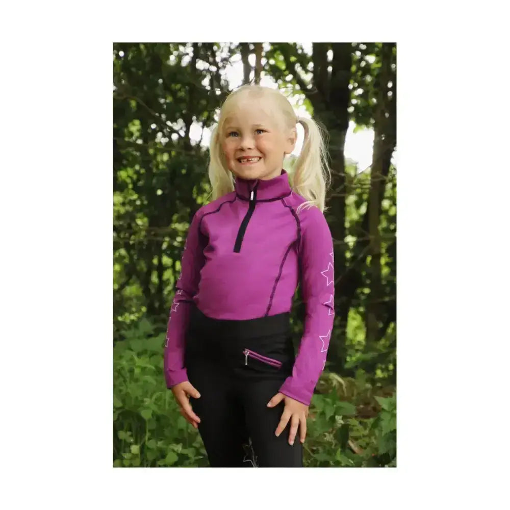 Purple long-sleeved equestrian stella base layer with white star embroidery and black zipper collar for kids