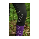 Black and purple Hy Equestrian Stella children’s riding tights with white outlined stars and star patterns