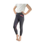 Dark gray hy equestrian stella children’s riding tights with pink zipper pocket and star embroidery on outer thigh
