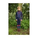 Navy blue hy equestrian stella children’s riding tights with red zipper accents and matching cuffs for performance riding