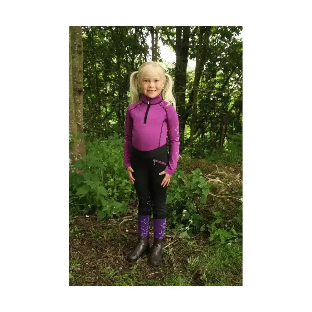 Purple and black equestrian stella children’s riding tights with star-patterned leggings for kids riding comfort