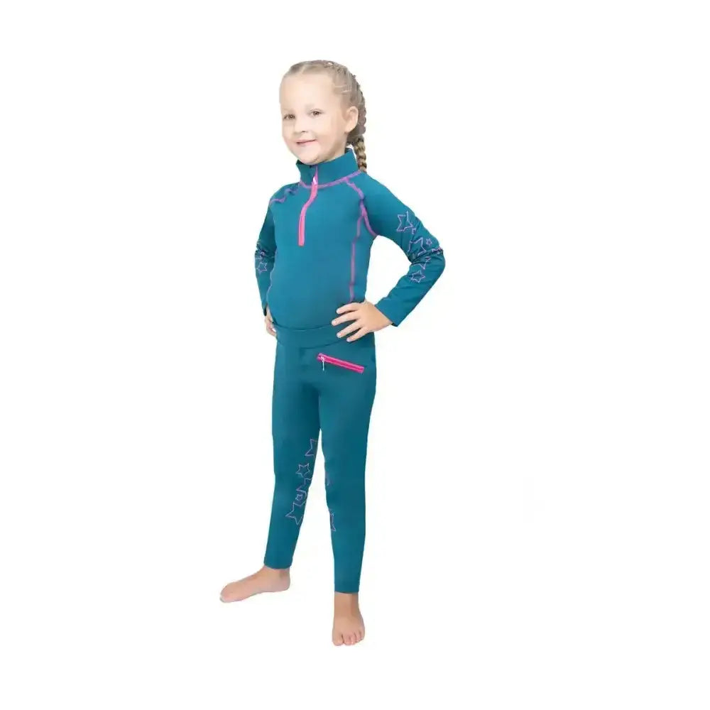 Teal long-sleeved rash guard and leggings set with pink zipper accents and star patterns in hy equestrian stella kids riding tights
