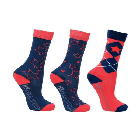 Set of three navy and coral beautifully coloured stella children’s socks with star and argyle pattern by h&h equestrian