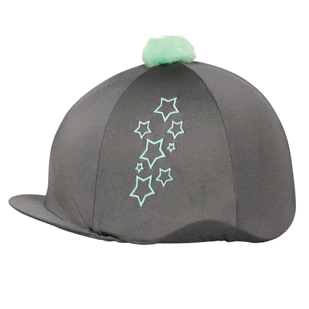 Gray hy equestrian stella hat cover with mint green pom-pom and white star embroidery for equestrian stella fans