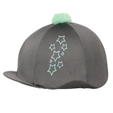 Gray hy equestrian stella hat cover with mint green pom-pom and white star embroidery for equestrian stella fans
