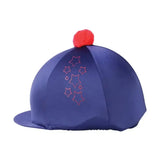Blue equestrian stella hat cover with pink star embroidery and red pom-pom perfect for riding gear protection