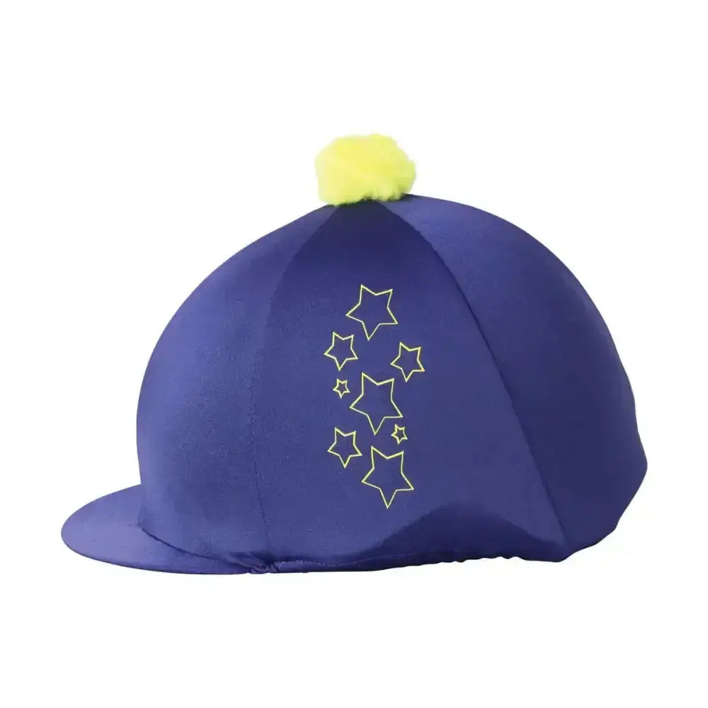 Purple horse hood stella hat cover with yellow star embroidery and bright yellow pom pom for equestrian stella hat