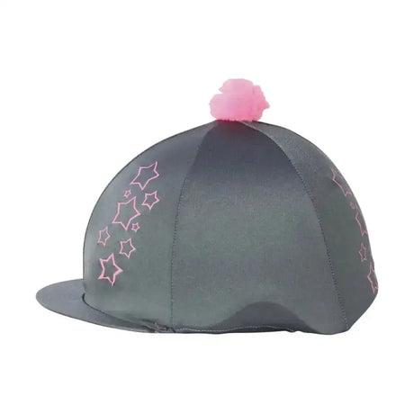 Dark gray equestrian stella hat cover with pink star embroidery and matching pink pom pom for riding use