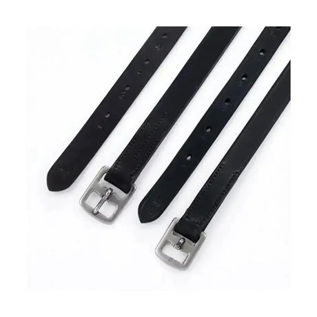 Black leather equestrian stirrup leathers with stainless steel buckles and pre-stitched detailing for durability