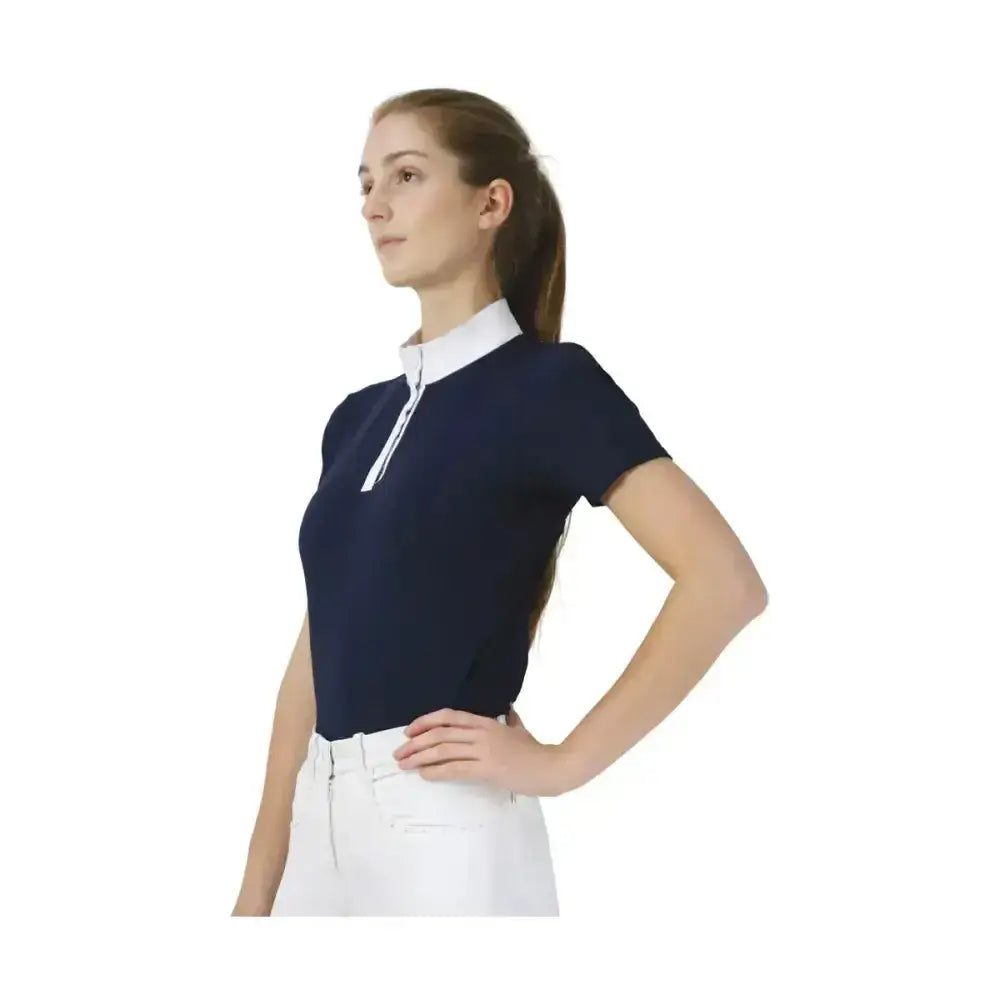 Navy blue hy equestrian suki show shirt featuring classic short sleeved design with white collar and zipper detail