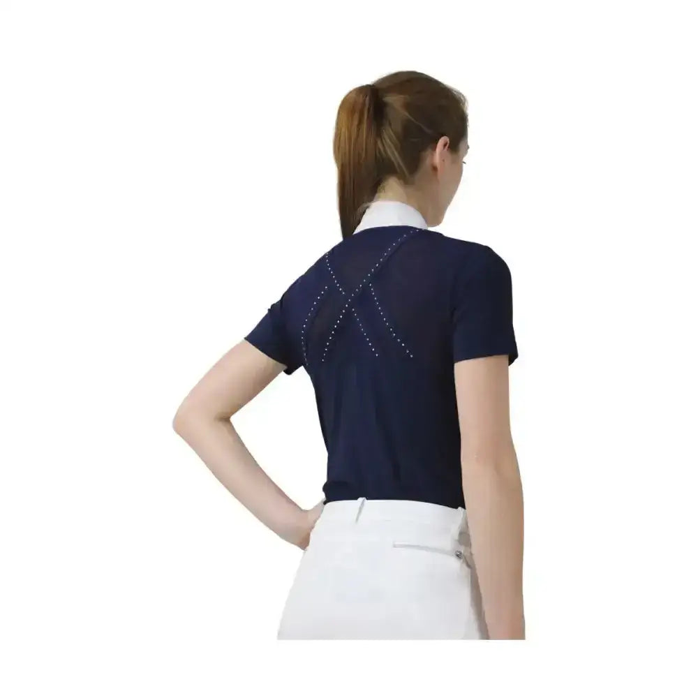 Back view of navy hy equestrian suki classic short sleeved show shirt featuring subtle x shaped white dot embellishment