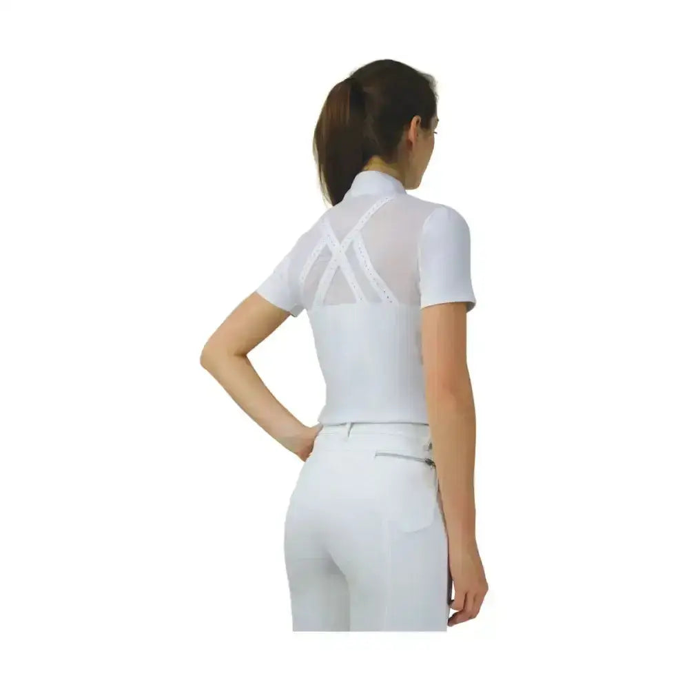 White short sleeved equestrian suki top featuring mesh panels and cross back design shown from the back side