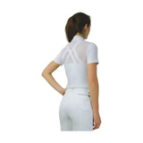White short sleeved equestrian suki top featuring mesh panels and cross back design shown from the back side