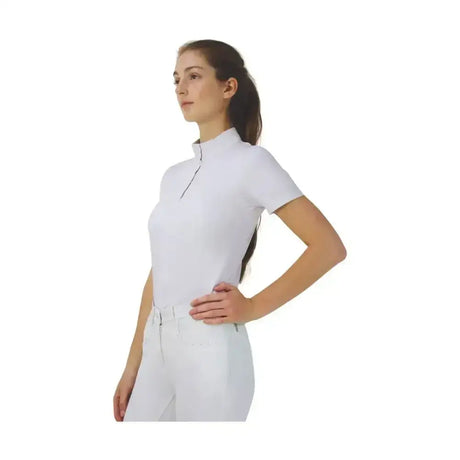 White short sleeved equestrian suki top featuring mesh panels and a high collar with zipper detail by hy equestrian
