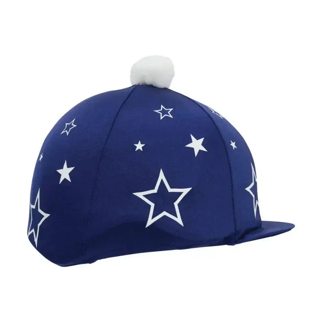 Navy blue star-patterned equestrian super starz hat cover with white pom-pom stylish fashionable hat silk