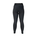 Black hy equestrian supernova ladies riding skins with subtle silver geometric patterns on the thighs