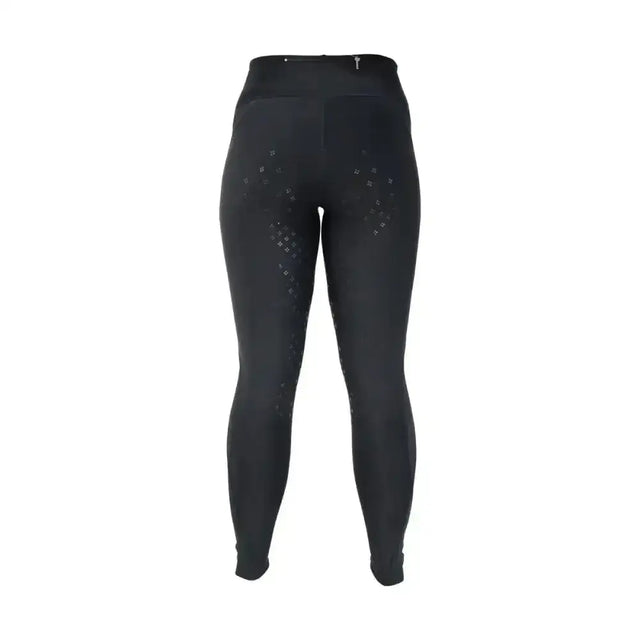 Black hy equestrian supernova ladies riding skins with subtle silver geometric patterns on the thighs