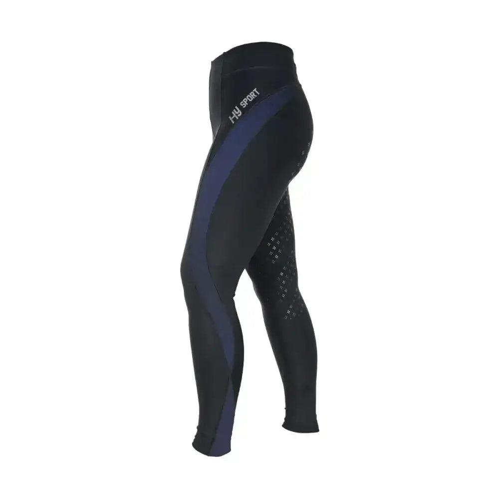 Black and navy blue hy equestrian supernova ladies riding skins with breathable mesh panels and sleek fit
