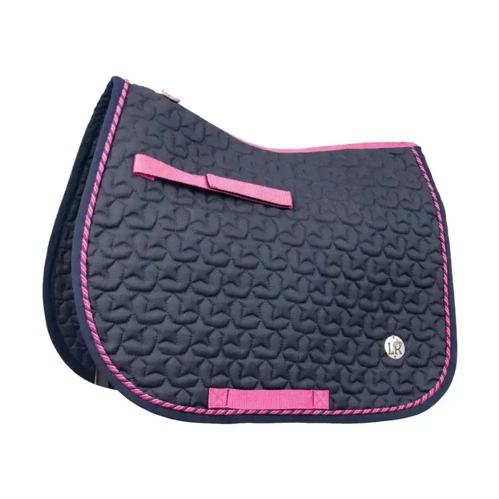 Navy star quilted suzie saddle pad by little rider with pink trim and matching fabric straps for horses