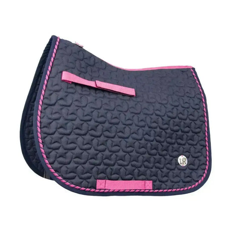 Navy star quilted suzie saddle pad by little rider with pink trim and matching fabric straps for horses