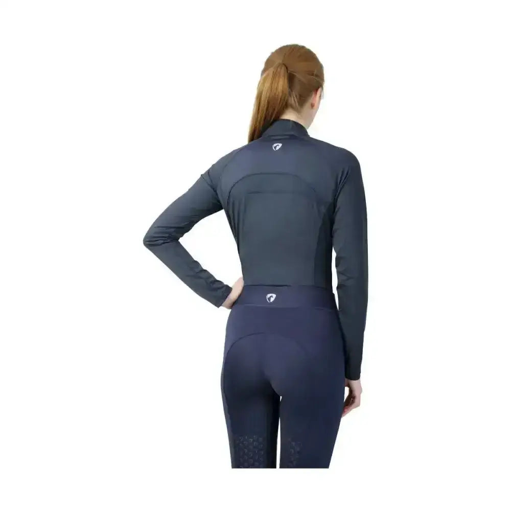 Dark navy long-sleeved equestrian synergy base layer with high collar and subtle branding on the back for equestrian athlete