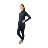 Black long-sleeved equestrian synergy base layer with high collar zipper and perforated detailing on legs for athletes