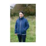 Blue quilted hy equestrian synergy blouson jacket with white zipper and fully taped seams for outdoor riding