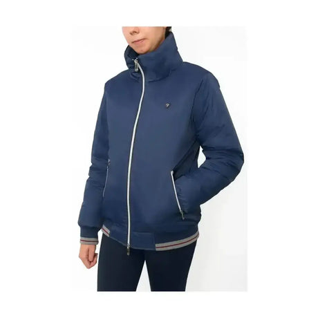 Navy blue hy equestrian synergy blouson jacket with quilted design white zipper trim and striped cuffs with fully taped seams