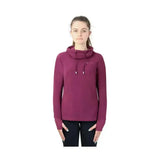 A maroon long-sleeved hy equestrian synergy cowl neck sweatshirt with drawstrings and a cozy cowl neck line