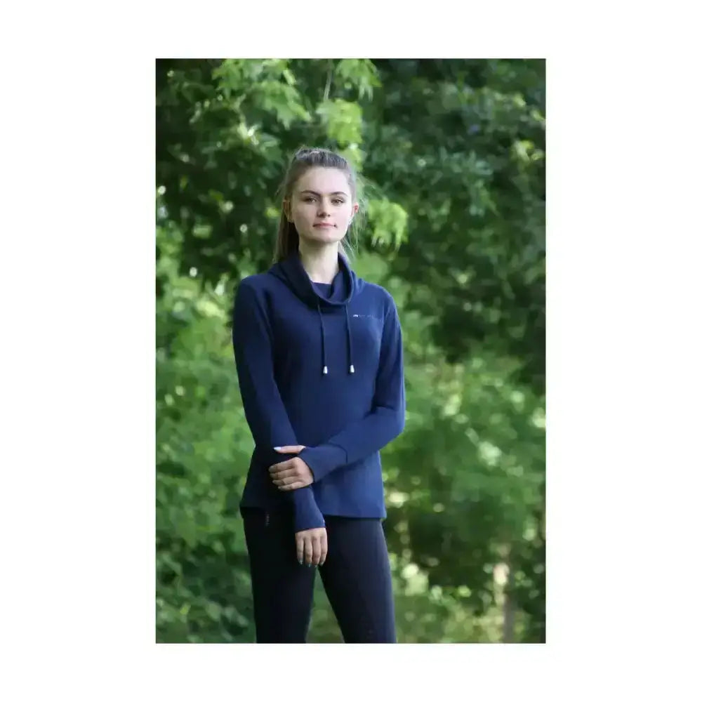 Navy blue Hy Equestrian synergy cowl neck hoodie with drawstrings and subtle chest logo featuring a cowl neck line