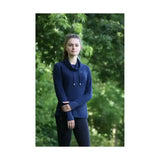 Navy blue Hy Equestrian synergy cowl neck hoodie with drawstrings and subtle chest logo featuring a cowl neck line