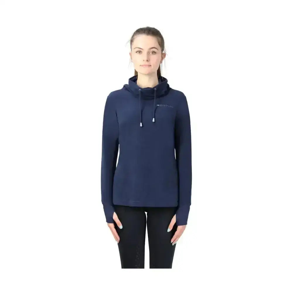 Navy blue hy equestrian synergy cowl hoodie with white drawstrings and subtle logo features a stylish synergy cowl neck line