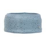 A light blue close knit headband with silver rhinestones and a metallic heart emblem from the hy equestrian synergy diamante collection