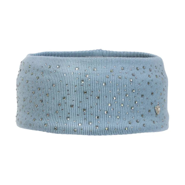 A light blue close knit headband with silver rhinestones and a metallic heart emblem from the hy equestrian synergy diamante collection