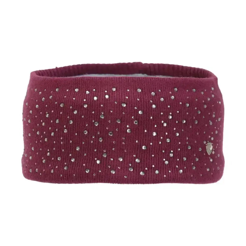 A maroon close knit headband with silver rhinestones and a metallic shield logo from hy equestrian synergy diamante series