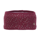 A maroon close knit headband with silver rhinestones and a metallic shield logo from hy equestrian synergy diamante series