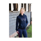 Navy blue hy equestrian synergy elevate hoodie with white cursive embroidery across the chest from synergy elevate range